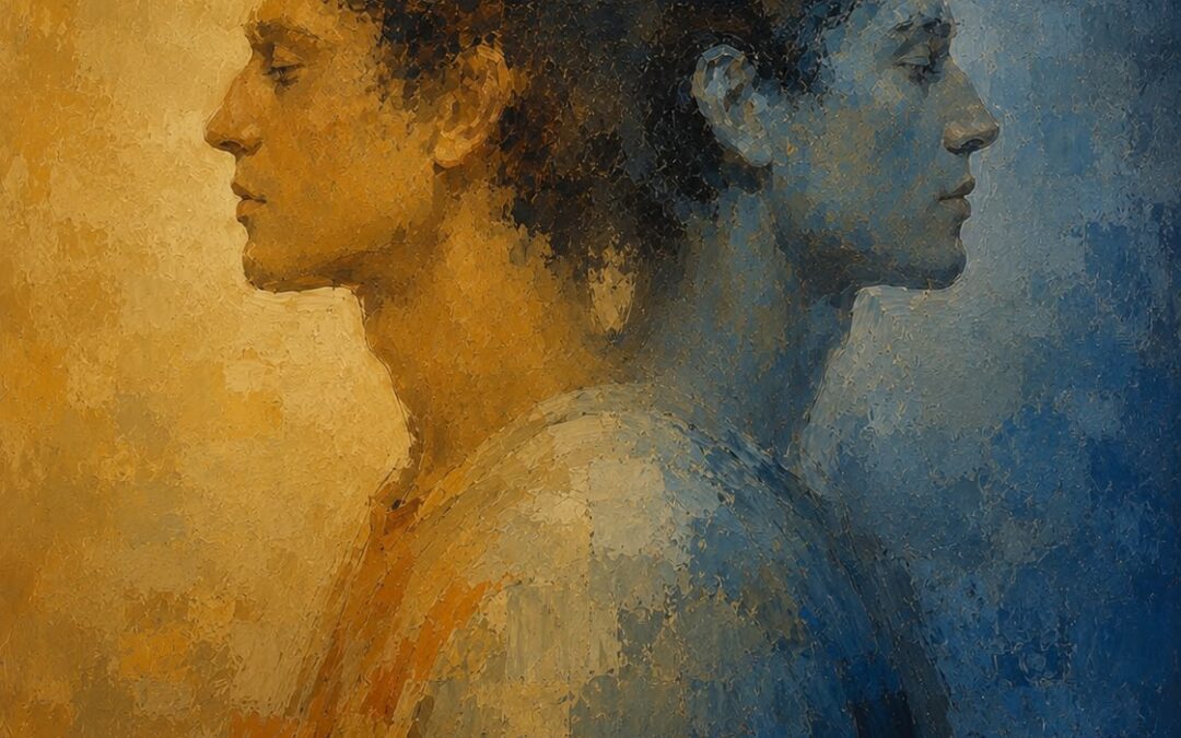 Deux profils en miroir, l'un doré, l'autre bleu, symbolisant personnalité et individualité